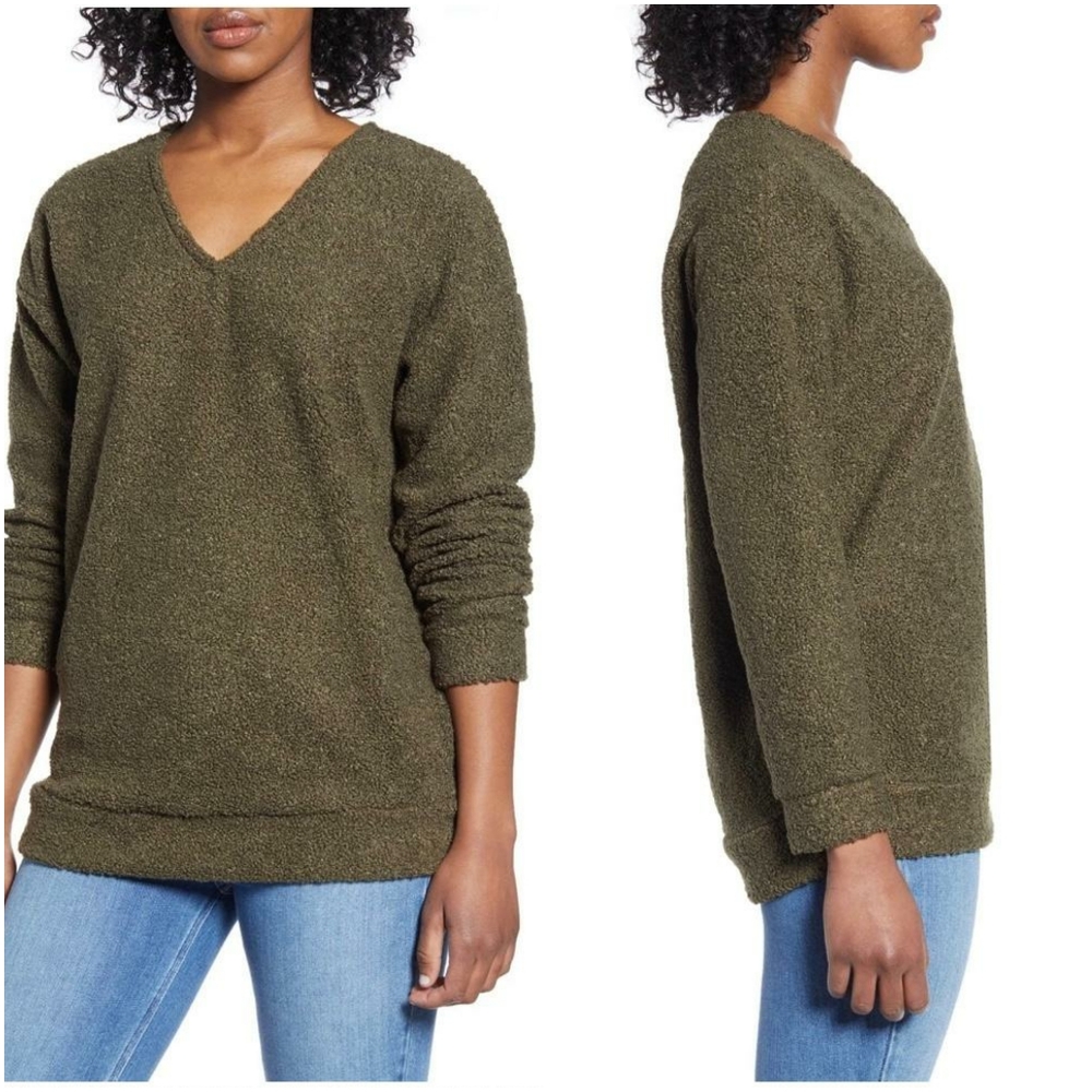 CASLON Nordstrom Cozy Olive Sherpa V-Neck … - Picture 4 of 9